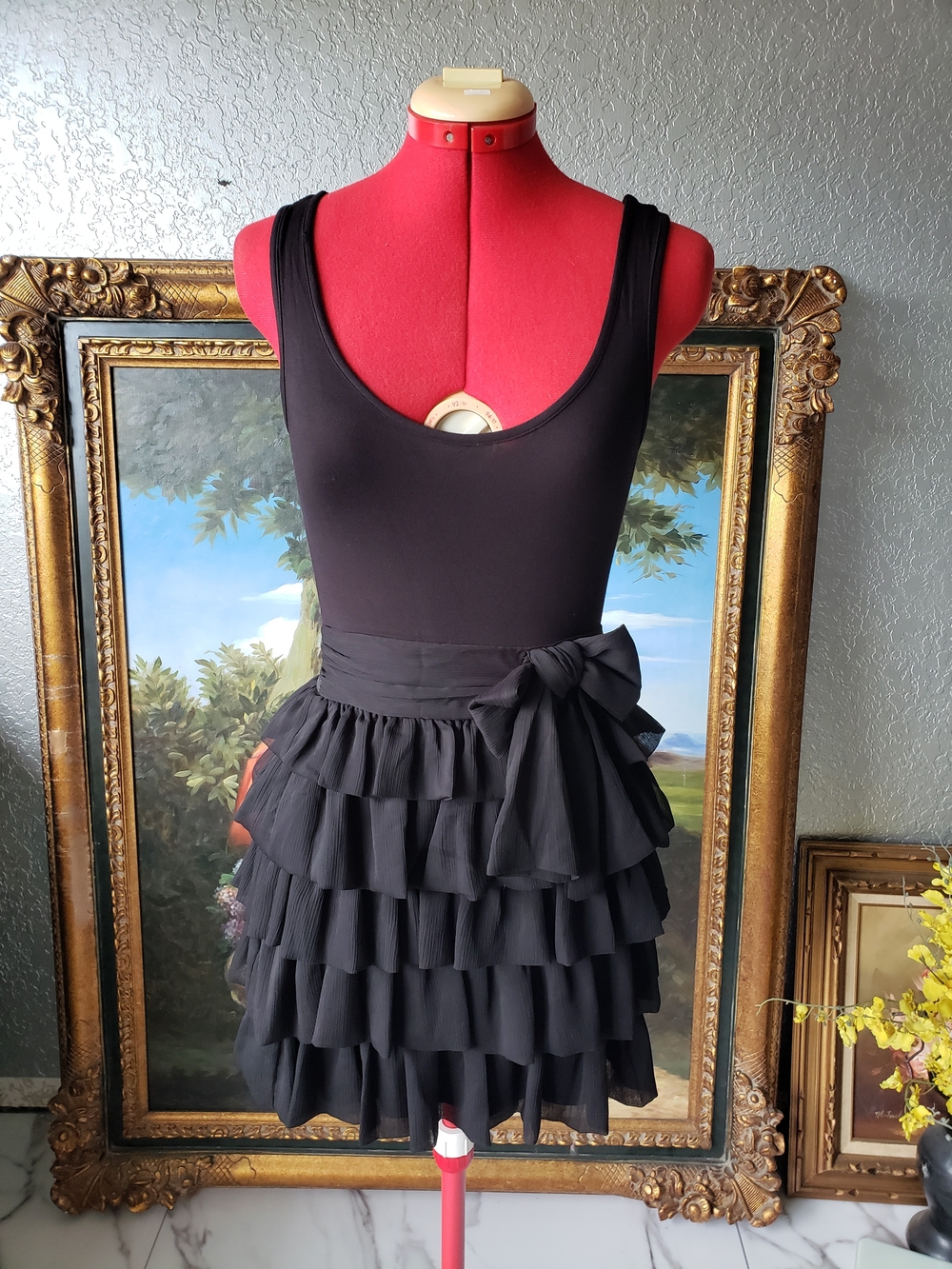 H&M Black Ruffled Bow-Waist Mini Dress